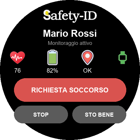 Safety-ID watch face: worker name, heart rate, battery, position, wear status and rescue request button